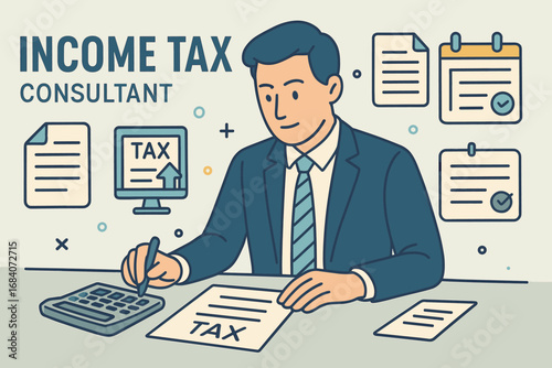 Tax Consultant Icon Set. Creative banner featuring consultant calculating income tax and filing icon set for documents, e-filing,
