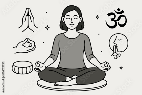 Teacher in Meditation. Scene with teacher in lotus pose and meditative yoga icon set for mudras, sitting cushion, mantra symbols