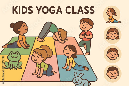 Kids Yoga Fun. Horizontal vector artwork of kids yoga class and child yoga icon set for play mat, animal poses, story cues and