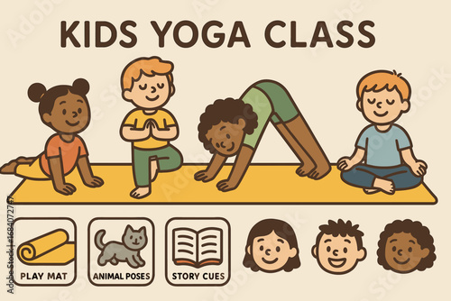 Kids Yoga Fun. Horizontal vector artwork of kids yoga class and child yoga icon set for play mat, animal poses, story cues and