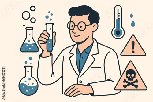 Chemist's Iconic Elements. Creative vector layout with chemist holding test tube and chemical reaction icon set for bubbles,
