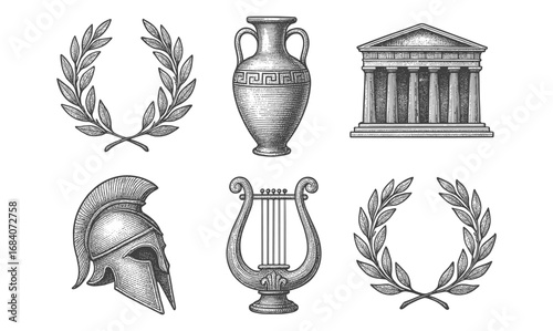 Detailed engraving of ancient greek symbols and artifacts in monochrome style
