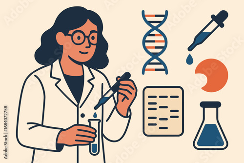 Genetics Lab Exploration. Stylized flat vector of female researcher in genetics lab and molecular biology icon set for DNA strands