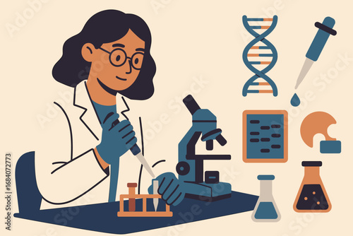 Genetics Lab Exploration. Stylized flat vector of female researcher in genetics lab and molecular biology icon set for DNA strands