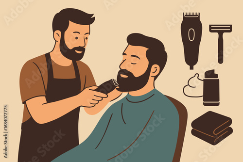 Barber's Tool Kit. Flat vector illustration featuring barber trimming beard and grooming icon set for clippers, razor, foam, and