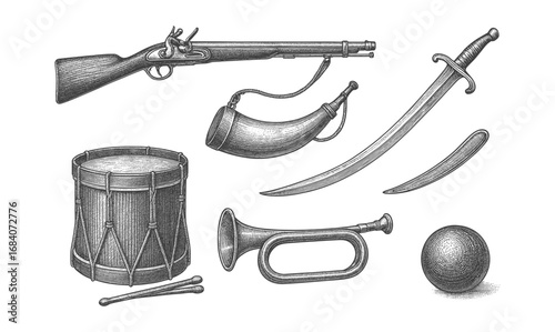Vintage engraving style military objects set in monochrome