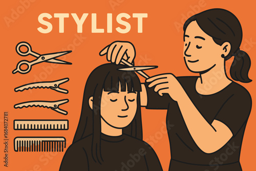 Hair Styling Essentials. Bright banner portraying stylist fixing bangs and precision cut icon set for shears, parting clips, ruler