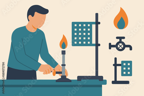 Lab Equipment Setup. Flat design banner featuring man adjusting Bunsen burner and heating icon set for flames, gas valve, stand