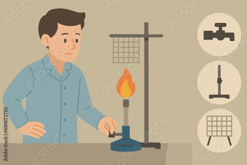 Lab Equipment Setup. Flat design banner featuring man adjusting Bunsen burner and heating icon set for flames, gas valve, stand