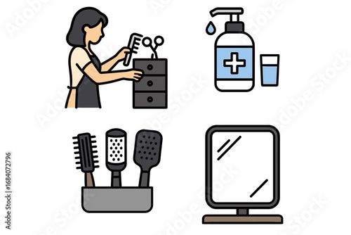 Stylist Tools Icon Set. Clean vector illustration of stylist organizing tools and station setup icon set for drawer, sanitizer,