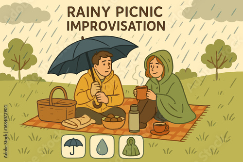 Rainy Picnic Essentials. Illustrated banner of rainy picnic improvisation and weather icon set for umbrella, raindrop, poncho and