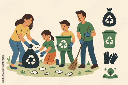 Eco-Friendly Family Cleanup. Clean vector illustration of family cleaning up area and eco-friendly icon set for trash bag,