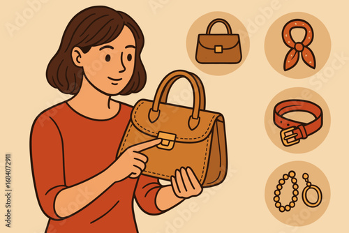 Fashion Accessory Icons. Scene illustration showing woman checking accessories and detail icon set for handbags, scarves, belts