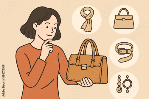 Fashion Accessory Icons. Scene illustration showing woman checking accessories and detail icon set for handbags, scarves, belts