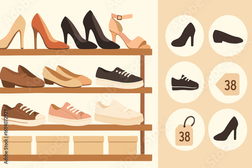 Boutique Shoe Display. Scene banner with boutique shelf full of shoes and footwear icon set for heels, flats, sneakers and size