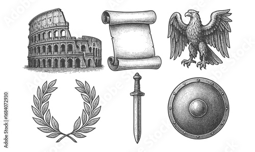 Ancient roman symbols in vintage style: colosseum, scroll, eagle, laurel, sword, and shield