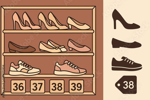 Boutique Shoe Display. Scene banner with boutique shelf full of shoes and footwear icon set for heels, flats, sneakers and size