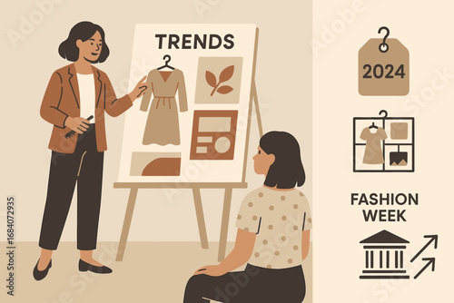 Seasonal Fashion Trends. Flat scene showing stylist showcasing seasonal trends and trend icon set for year tag, theme board,