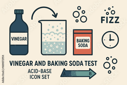 Acid-Base Reaction Icons. Modern vector panel showing vinegar and baking soda test and acid-base icon set for bubbles, fizz, arrow