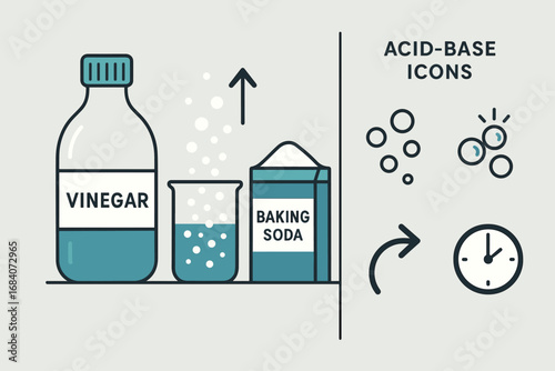 Acid-Base Reaction Icons. Modern vector panel showing vinegar and baking soda test and acid-base icon set for bubbles, fizz, arrow