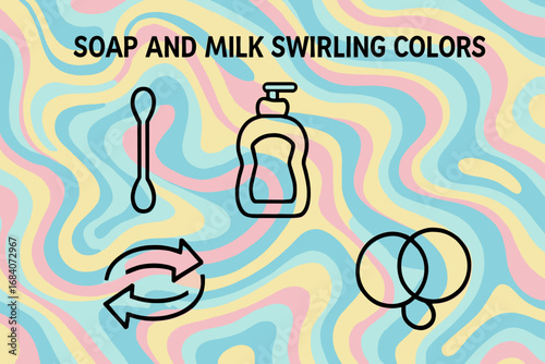 Swirling Soap and Colors. Vector layout showing soap and milk swirling colors and surface tension icon set for cotton swab, dish