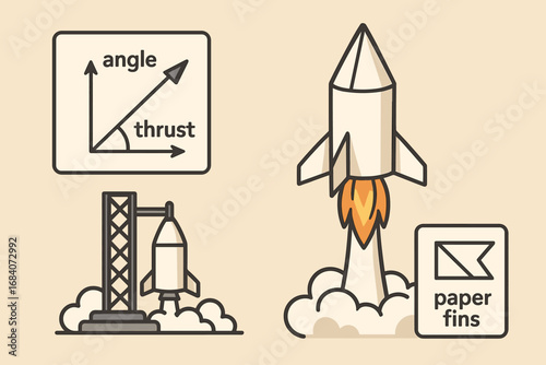 Paper Rocket Launch. Scene with paper rocket launch and motion experiment icon set for angle, thrust icon, launchpad and paper