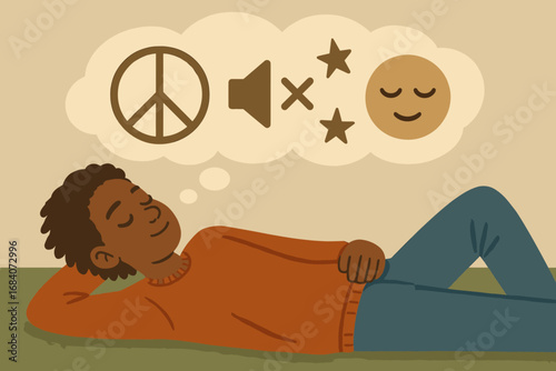 Dreaming with Peace. Horizontal artwork with teen laying back and dreaming and peace icon set for cloud thought, silence icon,