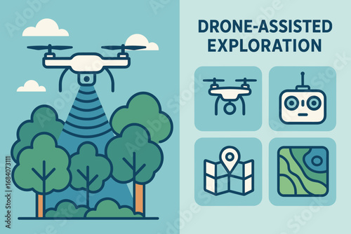 Drone Canopy Exploration. Flat design banner featuring drone scanning canopy and tech-assisted exploration icon set for drone,