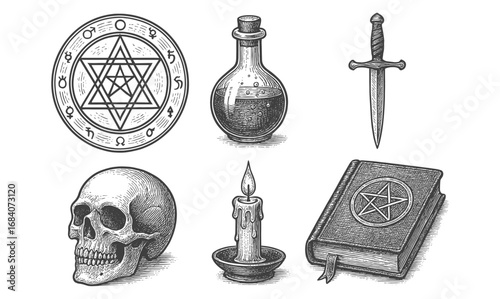 Mystical alchemy set with pentagram symbols and magic artifacts in vintage style