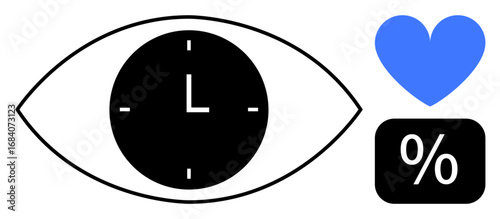 Eye containing a clock face next to a blue heart and percentage sign. Ideal for analytics, productivity, focus, time management, health tracking, statistics, simple landing page