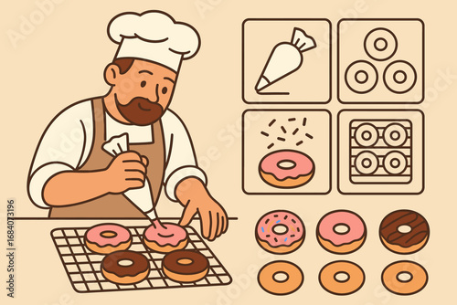 Baker's Delight. Creative vector layout with baker glazing donuts and sweet baking icon set for icing, rings, toppings and drying