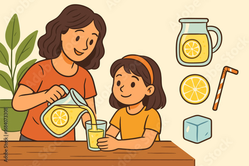 Refreshing Lemonade Pour. Scene illustration showing mom pouring lemonade and refreshment icon set for glass jar, citrus slice,