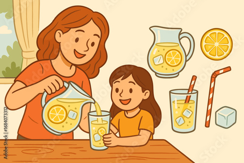 Refreshing Lemonade Pour. Scene illustration showing mom pouring lemonade and refreshment icon set for glass jar, citrus slice,