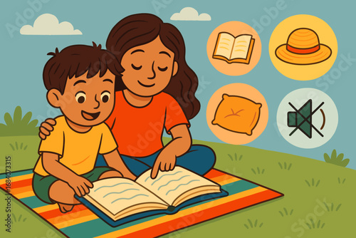 Siblings' Cozy Reading Moment. Colorful scene of siblings reading on mat and calm time icon set for book, sunhat, pillow and