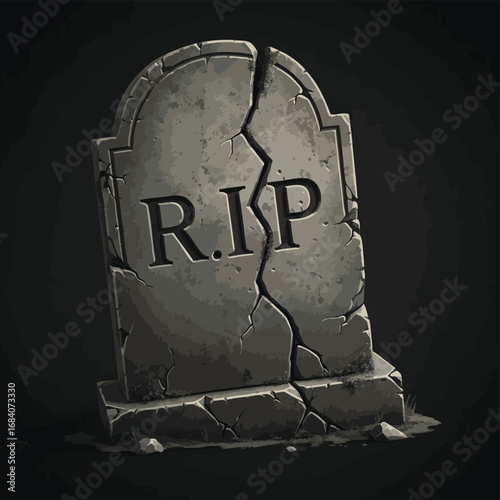 Cracked Gravestone with RIP Inscription on Dark Background.