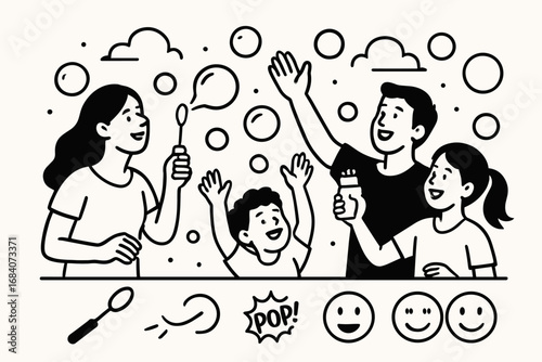 Bubble Play Fun. Vector layout showing group playing with bubbles and playful icon set for bubble wand, fly lines, pop icons and