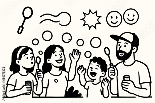 Bubble Play Fun. Vector layout showing group playing with bubbles and playful icon set for bubble wand, fly lines, pop icons and