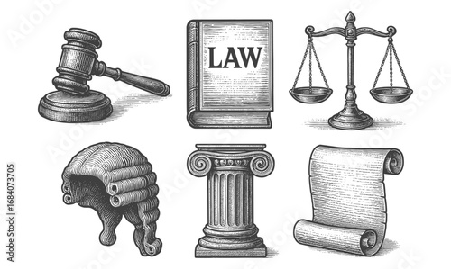 Vintage legal icons with gavel, scales, and law book in engraved style
