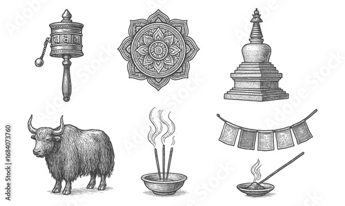 Hand drawn tibetan symbols: prayer wheel, mandala, stupa, yak, incense, prayer flags
