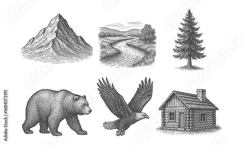 Vintage nature scenes with bear, eagle, and log cabin in engraved style