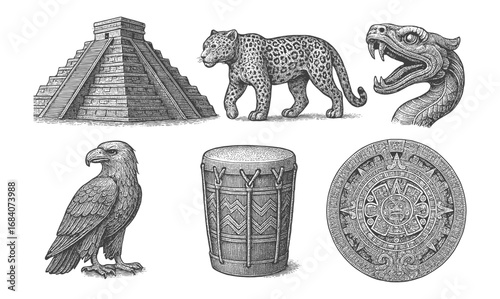 Ancient mesoamerican symbols: pyramid, jaguar, eagle, serpent, drum, calendar disc