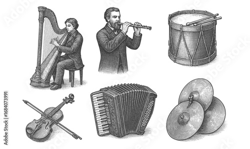 Vintage musical instrument collection featuring harp, accordion, flute, and more