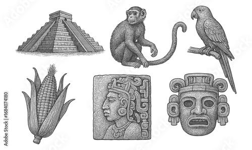 Ancient mayan symbols and animals in detailed vintage style