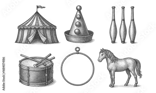 Vintage circus elements: tent, drum, horse, and more in engraved style