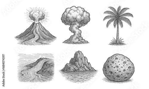 Hand drawn nature elements: volcano, palm tree, island, mushroom cloud, moon