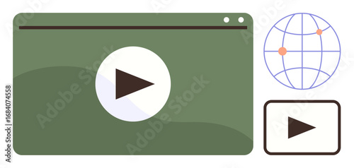 Video play button on a screen, globe with connection points, smaller play button. Ideal for streaming, technology, communication, media, education entertainment global reach. Simple flat metaphor