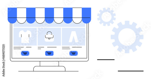 Computer monitor with striped awning showcasing apparel and accessories, shopping cart buttons below, and gears in the background. Ideal for e-commerce, store setup, marketing, shopping, retail