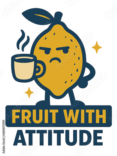 Lemon character sipping coffee, cartoon illustration, yellow and navy attitude -