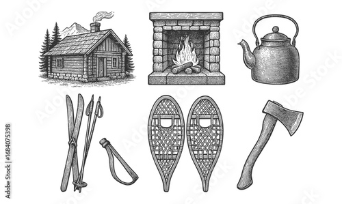 Rustic winter cabin elements with fireplace snowshoes and kettle