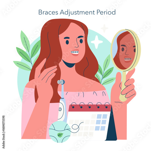 Woman Checking Braces in Mirror Vector Illustration